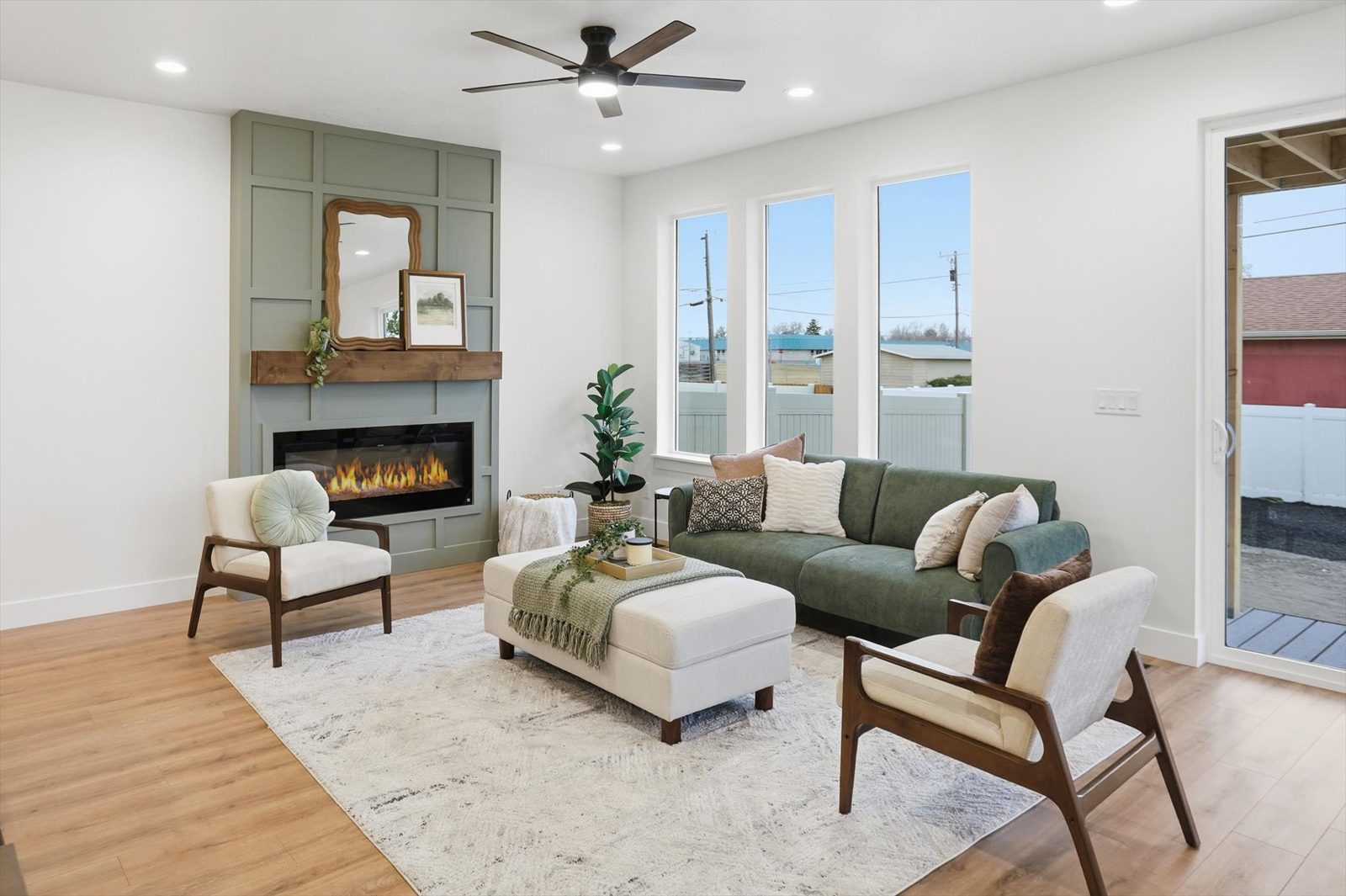 Designer great room with fireplace