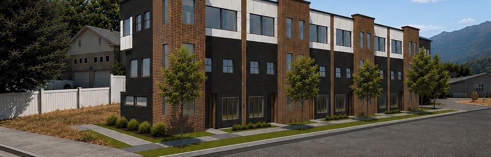Rendering of six modern townhomes in Millcreek, Utah